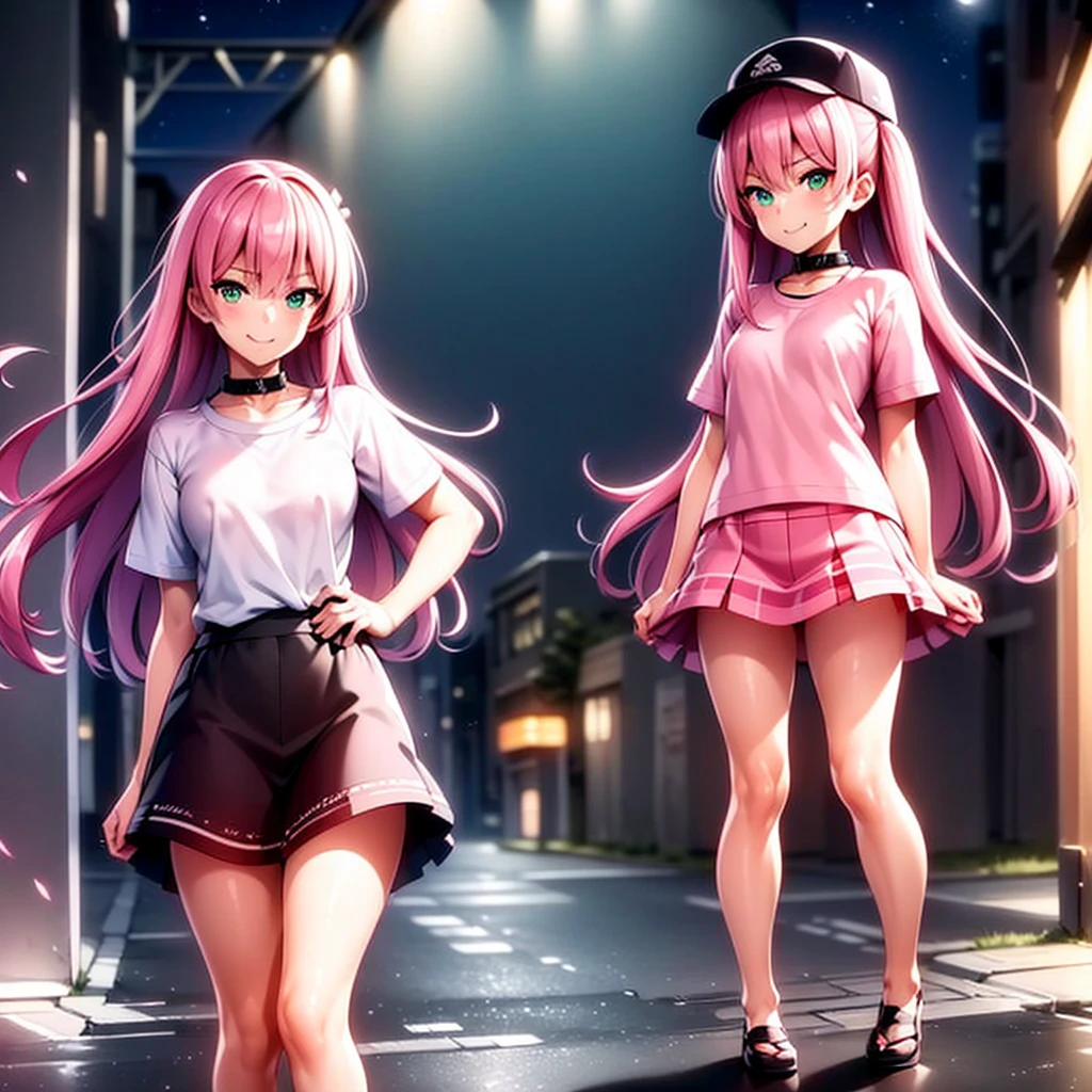 ​masterpiece, top-quality, 1girl, A pink-haired,verd s eyes, length hair,(tiny chest),Standing at street, (Collar T-shirt), Underwear straps, Pink skirt, front-facing view, is standing,City Night, neon light, Background Streets of Tokyo, taxis, date, full of shyness, Hats, hands behind back,smile,Face directly ahead,whole body,1人