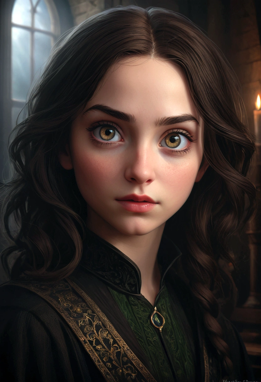 A young girl, daughter of Severus Snape, mischievous and devilish, intricate detailed digital painting, beautiful detailed eyes, beautiful detailed lips, extremely detailed eyes and face, long eyelashes, fantasy portrait, dark mysterious atmosphere, chiaroscuro lighting, moody dramatic colors, cinematic composition, dramatic lighting, vibrant colors, photorealistic, highly detailed, 8k, best quality, masterpiece, renaissance style