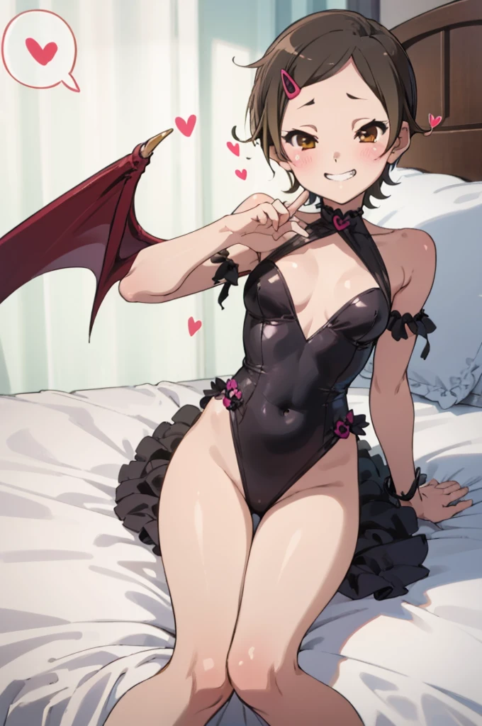 ,12yo,(petite), 1girl, looking at viewer, , hazuki katou,,,, ,on bed,,blush,(spoken heart),,small breasts,,grin,,(((succubus costume)))