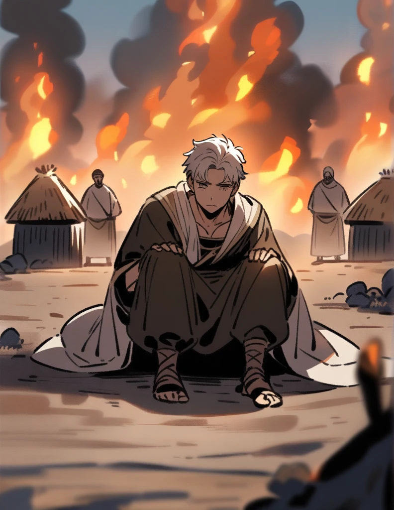 small Greek boy with white hair, wearing peasant clothes, on his back, on his knees in front of his village that is being burned