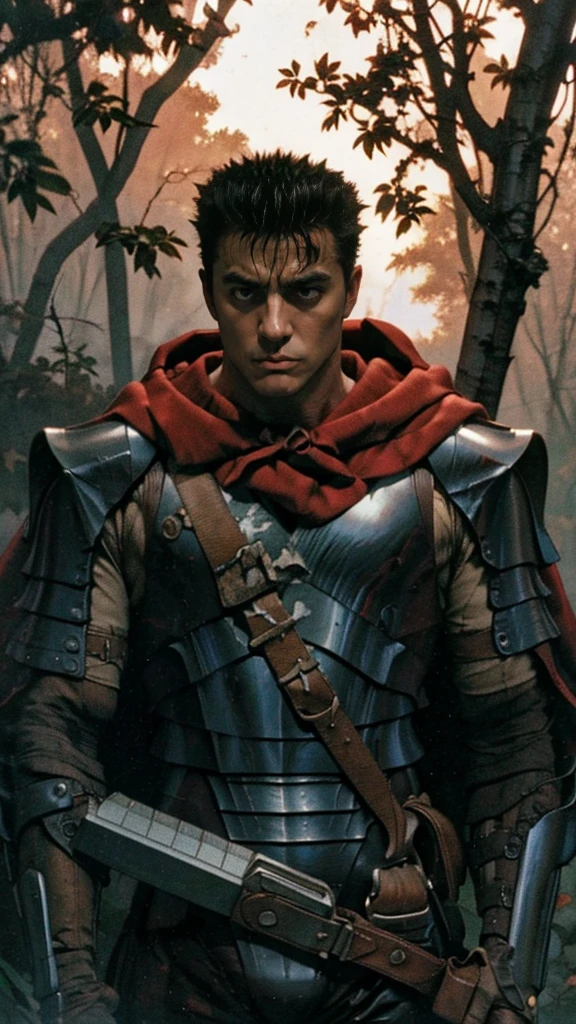 guts、Upper Body、forest、Masterpiece、Highest quality、Angry、male、Jet black armor, red cloak、receive blood、Looking up at the sky