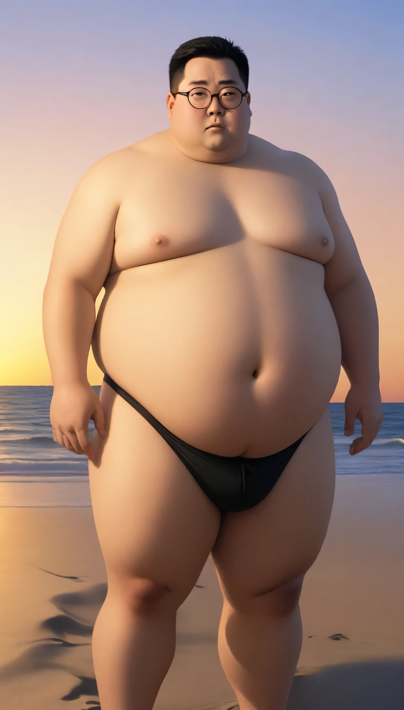 A fat man，Big eyes again，Black round glasses，short hair，Round inches，Big round face，Very large and well-developed chest muscles，Big full belly，Standing on the beach far away from the setting sun，Barefoot and shirtless，Wearing briefs with bulge in the crotch，Oriental male，full-body shot