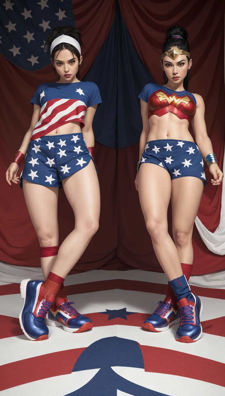 a pair of women dancer's trainers. very High top. reinforced extended top. featuring a wonder woman design theme. soft material. chunky sole. stars and stripes under sole