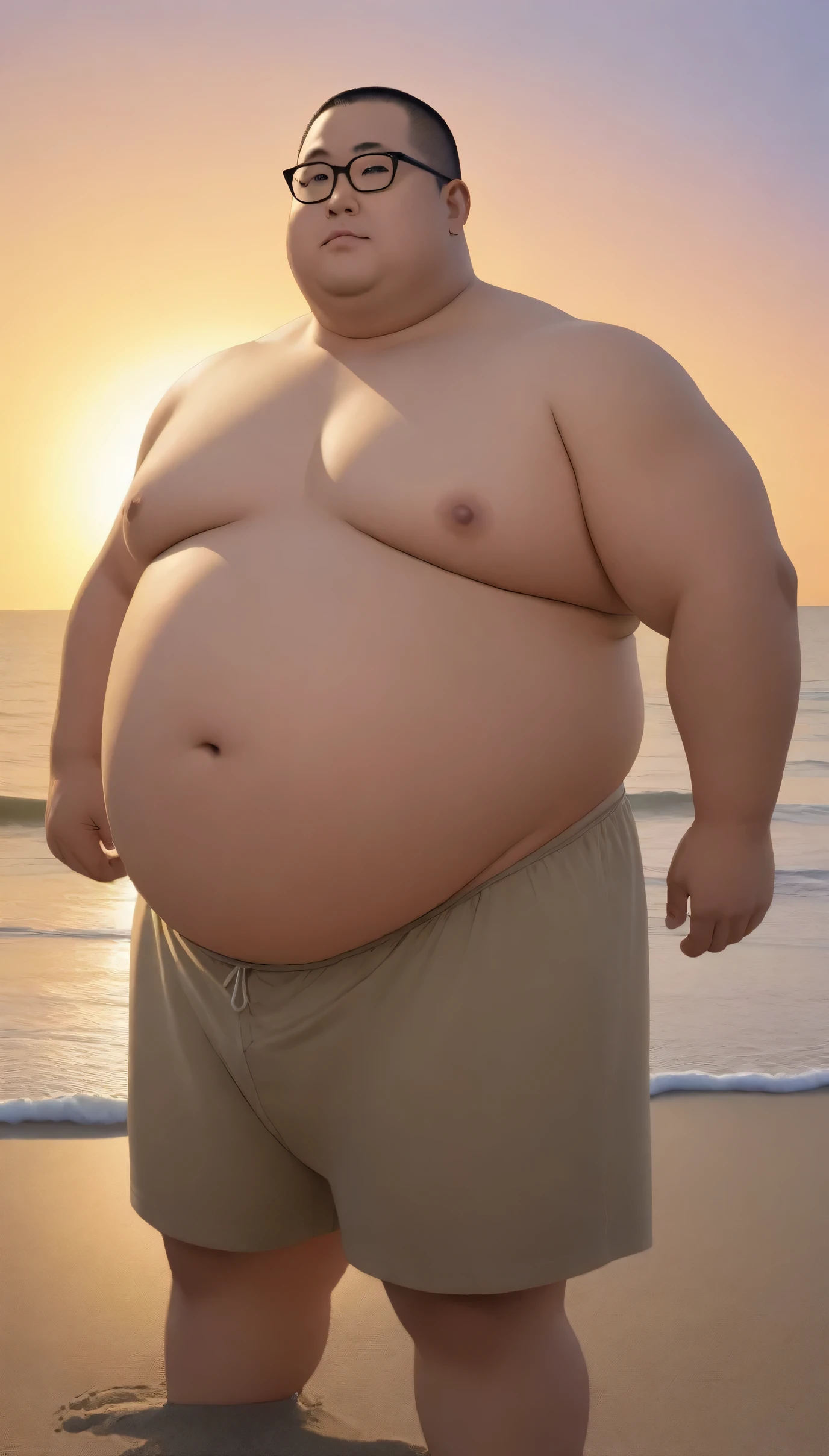 A fat man，Big eyes again，Black round glasses，short hair，Round inches，Big round face，Very large and well-developed chest muscles，Big full belly，Standing on the beach far away from the setting sun，Barefoot and shirtless，Wearing briefs with bulge in the crotch，Oriental male，full-body shot