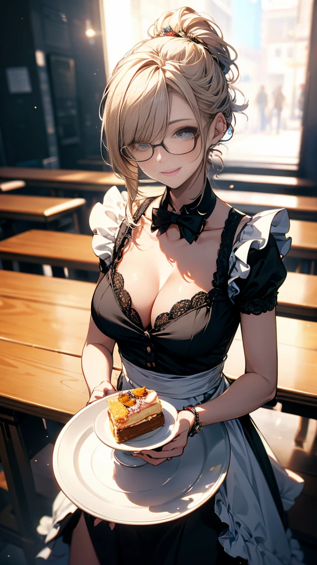 (Highest quality, masterpiece), (Ultra-high resolution, 8k RAW photos, Photorealistic:1.5, Cinema Lighting, Fabric Shading, Thin contours, Clear focus:1.2), Beautiful mature woman making tea_Garden party, Standing by the round table, Serve tea, Leaning forward, (Meisen tea set, you can, Tea cup, Some cakes on a plate), Delicate and elegant French style white table with gold accents and royal_green, (茶色のMaid clothesを着ている:1.5, Cleavage, Maid clothes:1.2, Long Flared Skirt, apron, Bow tie on chest), Tall Sally, Long legs, Gray Hair, (Wearing thin glasses:1.2), (Mature Woman:1.5, 28 years old, alone), (Large Breasts, Saggy breasts, big , Tight waist), (medium short Gray Hair, Hair on one eye, (Updo:1.2), Side Lock, Asymmetrical Hair, Wavy Hair), (thin and bright pupils, Highlighted, detailed eyes:1.3, A face with attention to detail, perfect face shape, Bloodshot eyes), (A seductive smile, Half-close your eyes:1.2), (Looking at the audience:1.3), (Dutch Angle, whole body:0.3, From below:1.2), ((Correct Anatomy:1.5, The right move)), (Ideal body proportions), (Outdoor:1.2, grassland),
