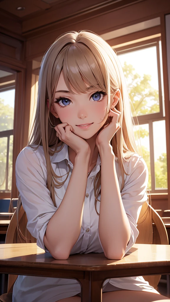 (best quality), (masterpiece), (high resolution), (Intricate details:0.2),(Professional lighting), classroom, Detailed background, Extra large white , Half-length photo, (Previous View), 1 Girl, Solitary, (Pretty Face:1.40), slim, Delicate skin, Smile,Gentle and intellectual,Good shape,White shirt,Teacher&#39;s attire,Sexy teacher, Black long hair, wear glasses, (Medium beast:1.10), View in the viewer,