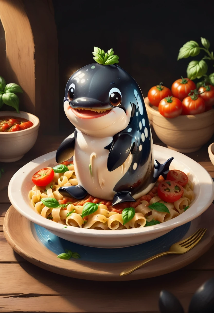 Very cute and attractive anthropomorphic orca pasta.., served on a plate,Top with tomato sauce，Western restaurant background，kawaii, looking at the viewer, cinematic lighting, fantasy art, dynamic composition, realistic epic, Award Winning Pet Food Illustration