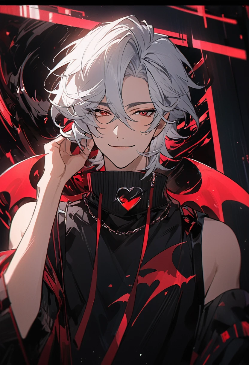 (arte anime, work of art, best qualityer, 4K, Icon), Tall and Very Handsome Elf Boy, Short White Hair, Stellar Red Eyes, Cute Bat Wings Behind the Back in Pink, Fitted Body Blouse with Sleeveless Roll Collar in Black with Red Outline Zipper from Top to Bottom, Black Heart Choker, Black Sweatshirt Over Loose Elbow Length, Red Glitch Distorted Reality Background, masculine, elf boy, handsome male, Hand Touching Cheek, sweet smile, winking an eye. detailedeyes.