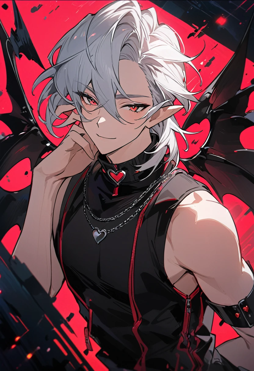 (arte anime, work of art, best qualityer, 4K, Icon), Tall and Very Handsome Elf Boy, Short White Hair, Stellar Red Eyes, Cute Bat Wings Behind the Back in Pink, Fitted Body Blouse with Sleeveless Roll Collar in Black with Red Outline Zipper from Top to Bottom, Black Heart Choker, Black Sweatshirt Over Loose Elbow Length, Red Glitch Distorted Reality Background, masculine, elf boy, handsome male, Hand Touching Cheek, sweet smile, winking an eye. detailedeyes.