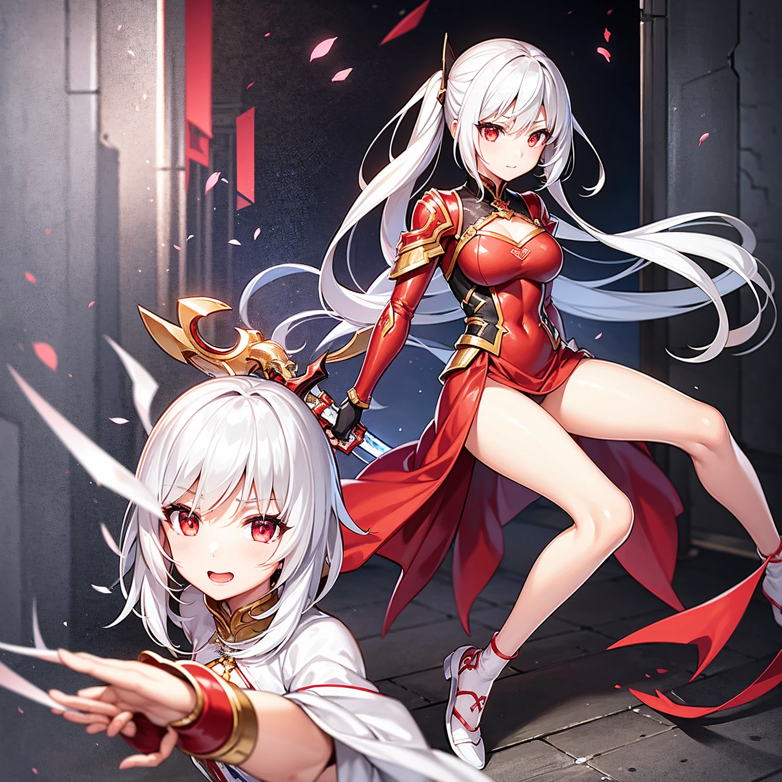 Wearing a red and white dress、anime girl holding sword, Highly detailed official artwork, Epic Light Novel Cover Art, epic Light novel cover art, Silver and red armor, guweiz on pixiv artstation, Anime style 4k, Detailed key animation art, Light novel cover art, Anime Fantasy Artwork，White hair and red eyes，Side Ponytail，Waist-length hair，1 Girl，Portraiture，Ark of Tomorrow