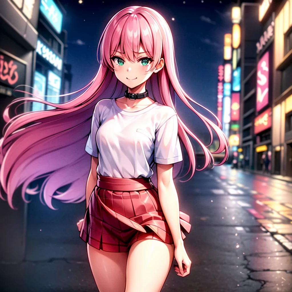 ​masterpiece, top-quality, 1girl, A pink-haired,verd s eyes, length hair,(tiny chest),Standing at street, (Collar T-shirt), Underwear straps, Pink skirt, front-facing view, is standing,City Night, neon light, Background Streets of Tokyo, taxis, date, full of shyness, Hats, hands behind back,smile,Face directly ahead,whole body,1人