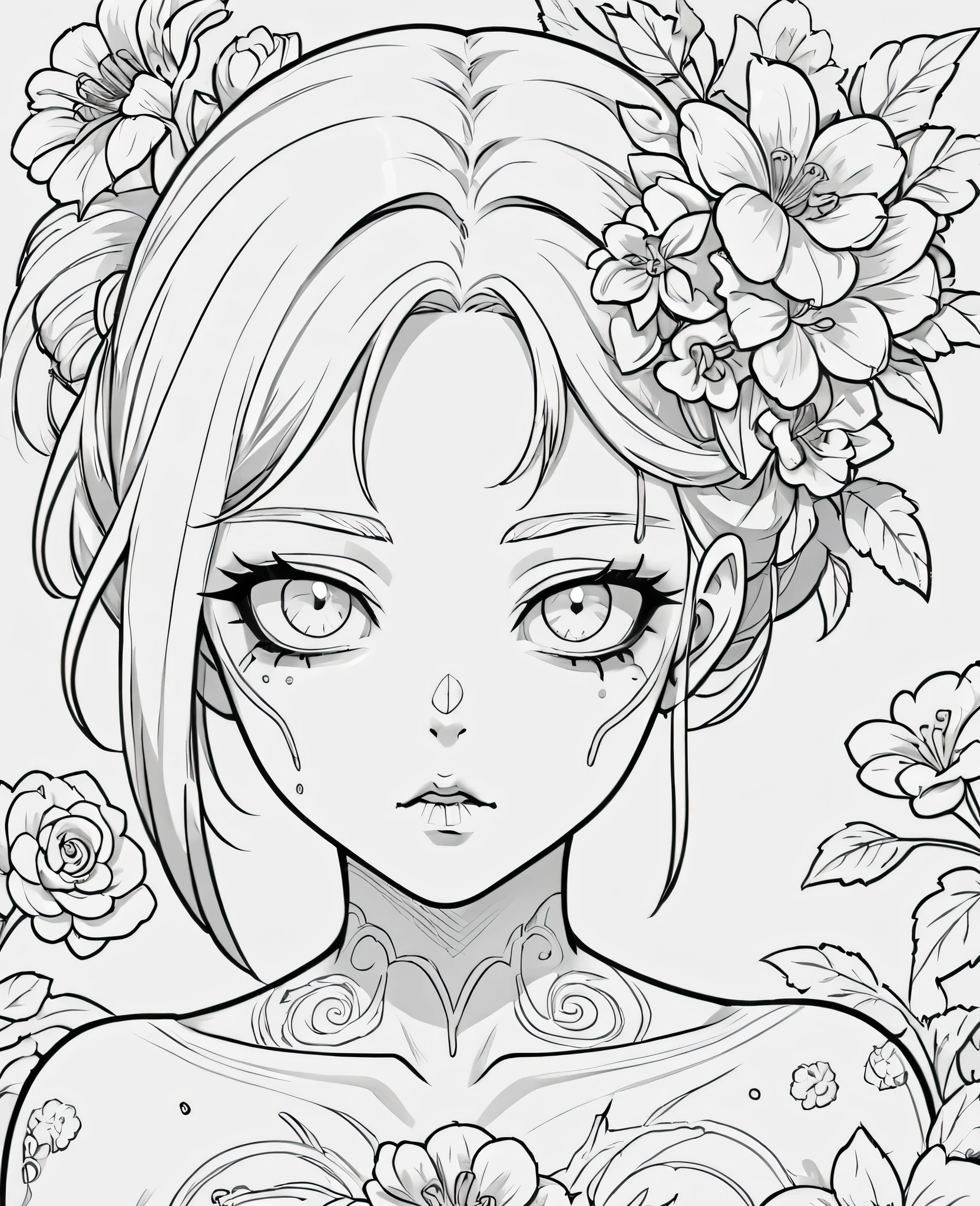 Zombie girl with flowers in her hair coloring page, Vector Art, Flattening, smooth line art, Minimalism, graphic design aesthetics, flat illustration, (masterpiece, best quality, perfect composition, very aesthetic, absurdres, ultra-detailed, intricate details, Professional, official art, Representative work:1.3)