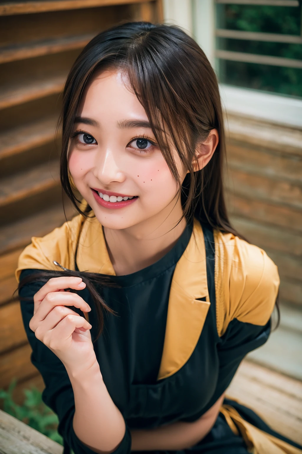 (((upper body shot))),Ultra-high resolution,big eyes,((brown eyes)),Japanese,(forehead),(a girl),(1 girl),((17 years old)),(cute),pretty,((facing at viewer)),arms behind back,grin,(((black clothes)))