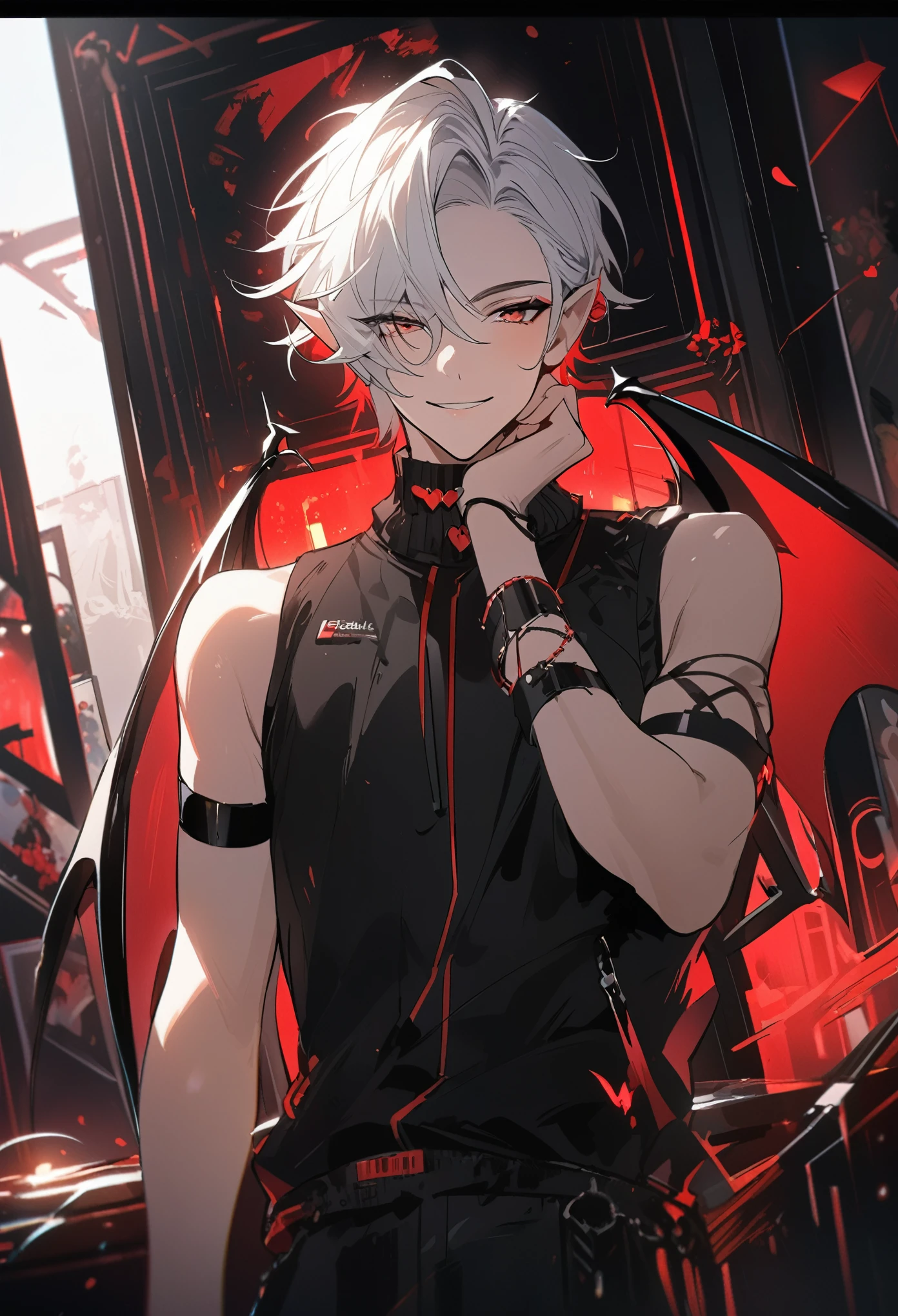 (arte anime, work of art, best qualityer, 4K, Icon), Tall and Very Handsome Elf Boy, Short White Hair, Stellar Red Eyes, Cute Bat Wings Behind the Back in Pink, Fitted Body Blouse with Sleeveless Roll Collar in Black with Red Outline Zipper from Top to Bottom, Black Heart Choker, Black Sweatshirt Over Loose Elbow Length, Red Glitch Distorted Reality Background, masculine, elf boy, handsome male, Hand Touching Cheek, sweet smile, winking an eye.