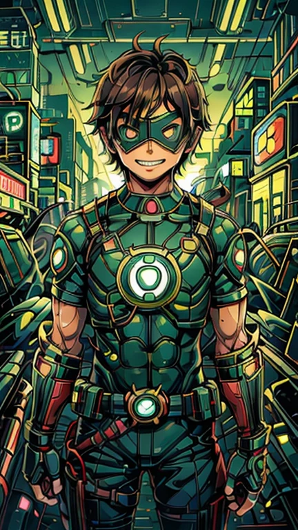 (8k),(masterpiece),(Japanese),(13-year-old boy),((innocent look)),((Childish)),From the front,smile,cute,Innocent,Kind eyes,Flat chest, Green Domino Mask, Green Lantern Costume,short,Hair blowing in the wind,Brown Hair,Strong wind,night,dark, Neon light cyberpunk city