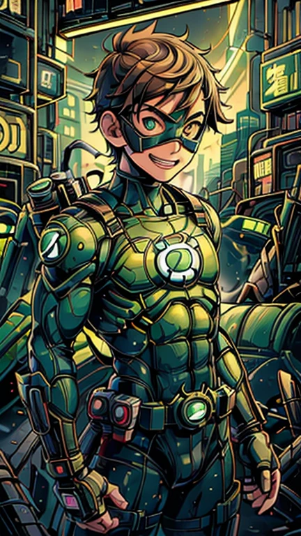 (8k),(masterpiece),(Japanese),(13-year-old boy),((innocent look)),((Childish)),From the front,smile,cute,Innocent,Kind eyes,Flat chest, Green Domino Mask, Green Lantern Costume,short,Hair blowing in the wind,Brown Hair,Strong wind,night,dark, Neon light cyberpunk city