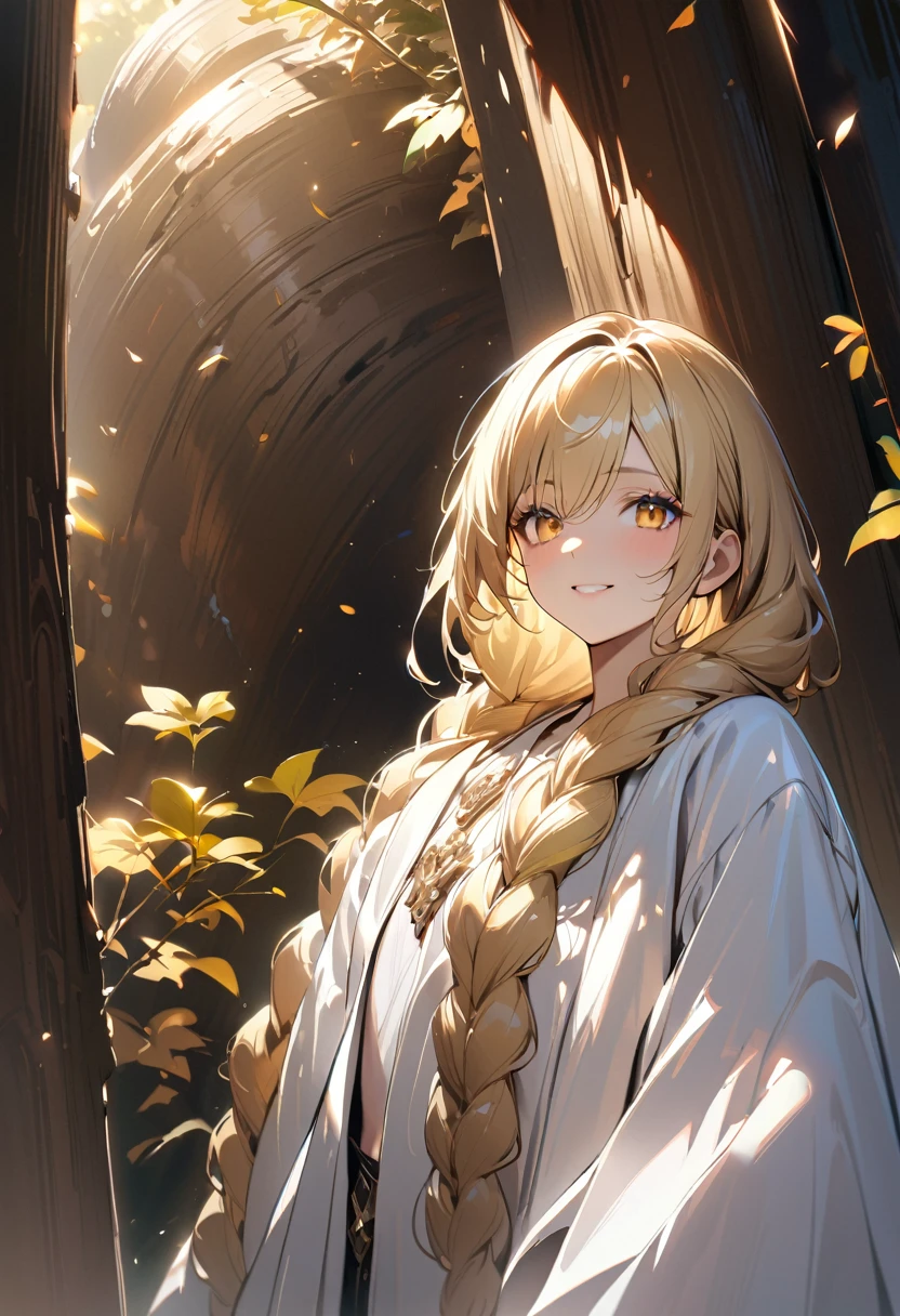 1boy, long overflowing blonde hair loosely braided, golden eyes, subtle holy glow, looking at viewer, smiling, white robes, flat chest, girly boy, gigantic tree with golden leaves background, textured skin, award winning, high details, incredible high-key lighting and shadows, masterpiece, UHD, UHD, UHD, UHD
