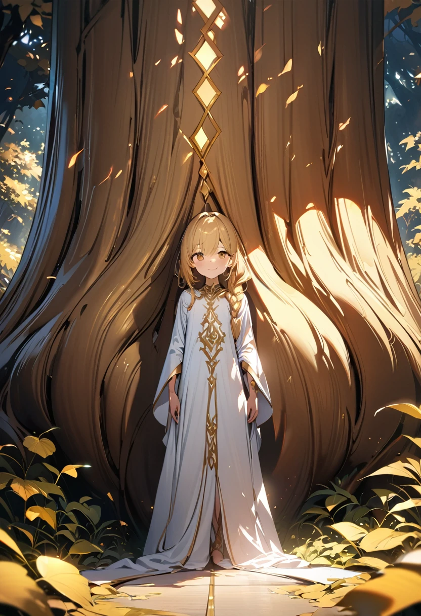 1boy, long overflowing blonde hair loosely braided, golden eyes, subtle holy glow, looking at viewer, smiling, white robes, flat chest, girly boy, gigantic tree with golden leaves background, textured skin, award winning, high details, incredible high-key lighting and shadows, masterpiece, UHD, UHD, UHD, UHD