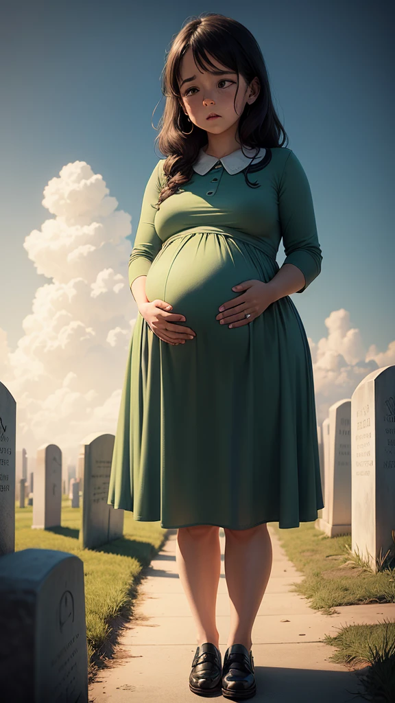 a pregnant wife with a small boy wearing an elementary crying in the grave, cemetery burial background, cartoon art