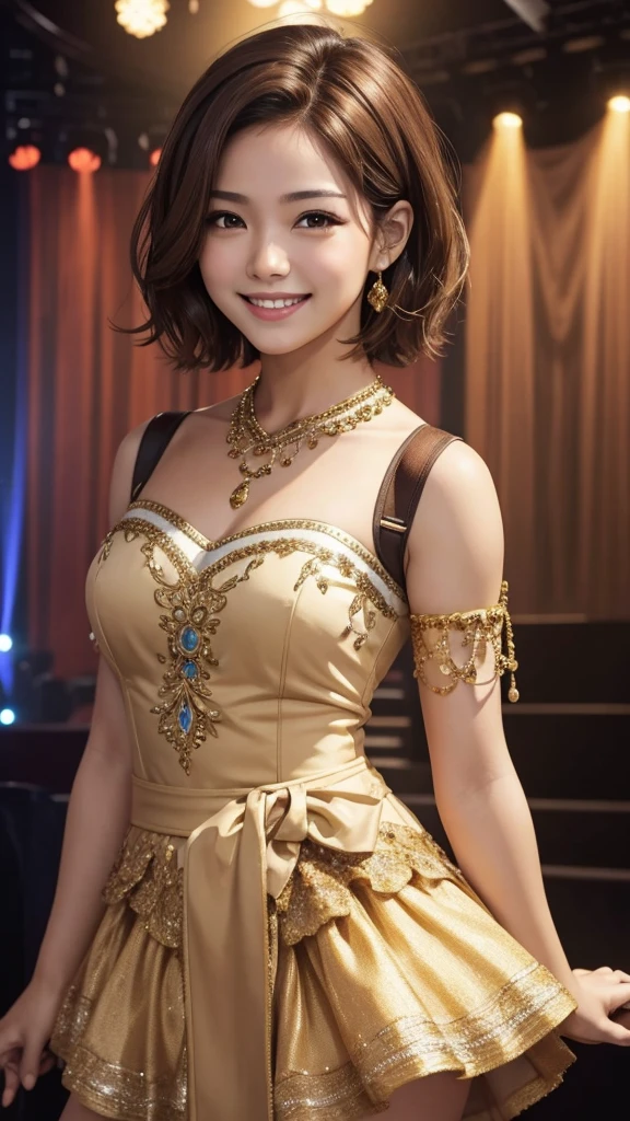 masterpiece, Highest quality, Idol,Brown Hair ,short hair,alone, nice, Realistic,smile,Look forward,Stage Costumes