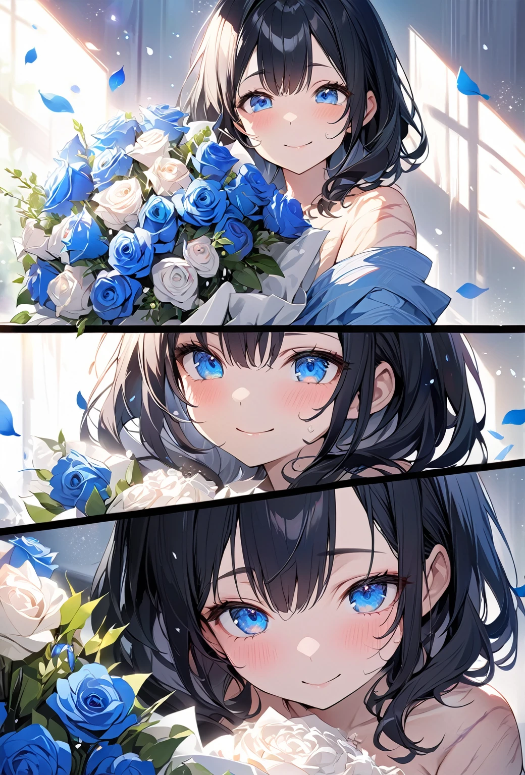 
(Tabletop.Highest quality).(Dynamic Angle). (CG paintings with impressive detail),(Perfect Image)、Comic Strip.shape.1 Girl.Detailed face、Perfect Face.Delicate face、Girl in delicate clothes、Rough skin、Black Hair.length、(Umamimi Girl)Umamimi Girl、((Beautiful Blue Eyes)).Delicate and beautiful eyes、Fine grain、Reflected Eyes、Watery eye、smile.(Holding a bouquet of blue roses:1.3).(Blue petals fluttering down:0.8)、8k wallpaper、Cowboy Shot、reflected light、Most detailed、Complex、Delicate background、Rough skin、Fine skin、(Super Resolution)、