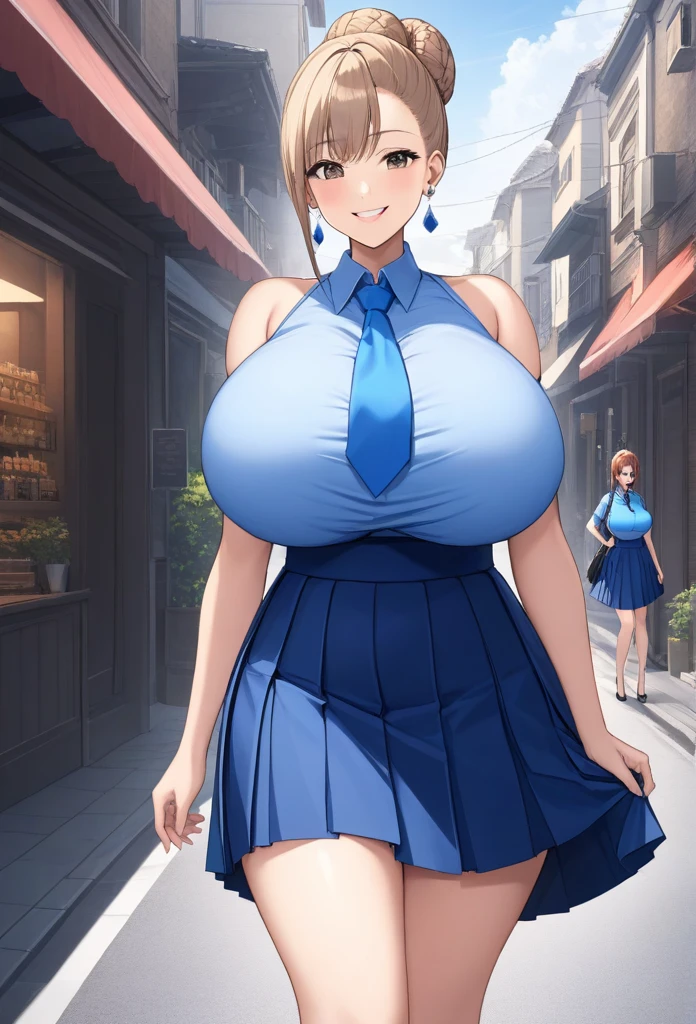 Masterpiece, Best Quality, High resolution, thank you, wide, cone hair bun, earrings, big breasts, neckline, blue shirt, blue tie, shoulder cutout, pleated skirt, blue skirt, standing, cowboy shot, SMILE, street