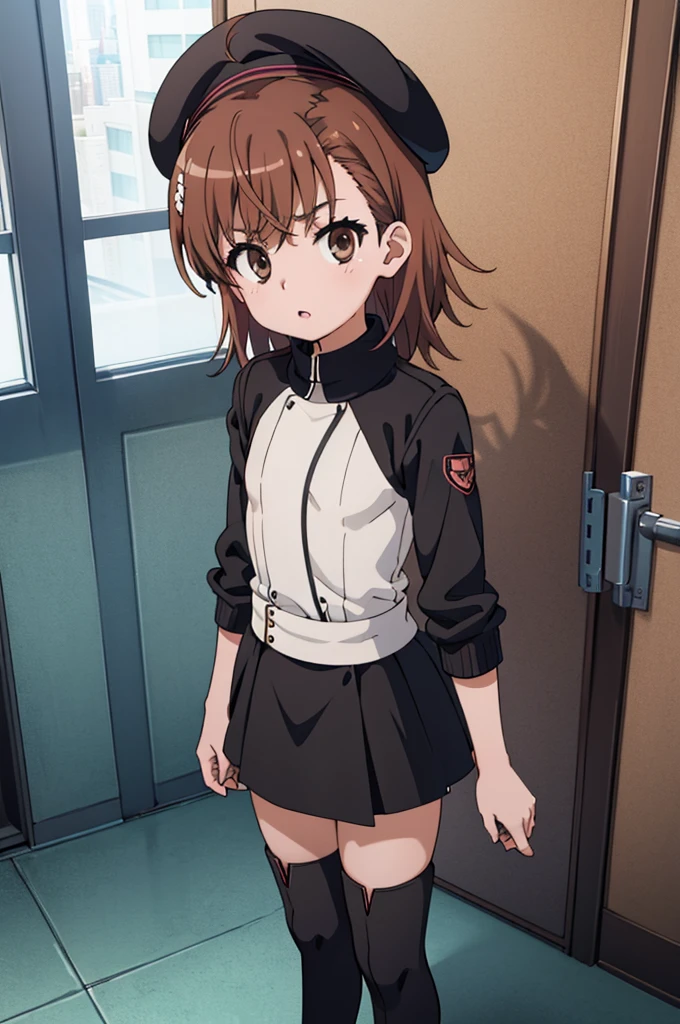 hyper detailed, ultra quality, super high res, professional anime style, best quality, ultra-detailed masterpiece, absurdres, beautiful detailed eyes, beautiful detailed lips, Room, black beret cap, high neck ribbed fabric white dress, small short black leather jacket, thigh high black boots, Misaka Mikoto/Sisters/Last Order, short medium length hair, brown hair, brown eyes, railgun, electromaster, beautiful eyes, beautiful lips, thin body, petite frame, small chest, small chest, ???, little woman