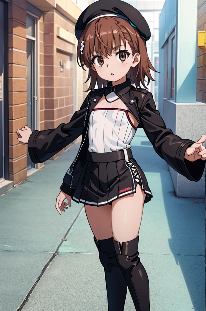 hyper detailed, ultra quality, super high res, professional anime style, best quality, ultra-detailed masterpiece, absurdres, beautiful detailed eyes, beautiful detailed lips, Room, black beret cap, high neck ribbed fabric white dress, small short black leather jacket, thigh high black boots, Misaka Mikoto/Sisters/Last Order, short medium length hair, brown hair, brown eyes, railgun, electromaster, beautiful eyes, beautiful lips, thin body, petite frame, small chest, small chest, kid, little woman