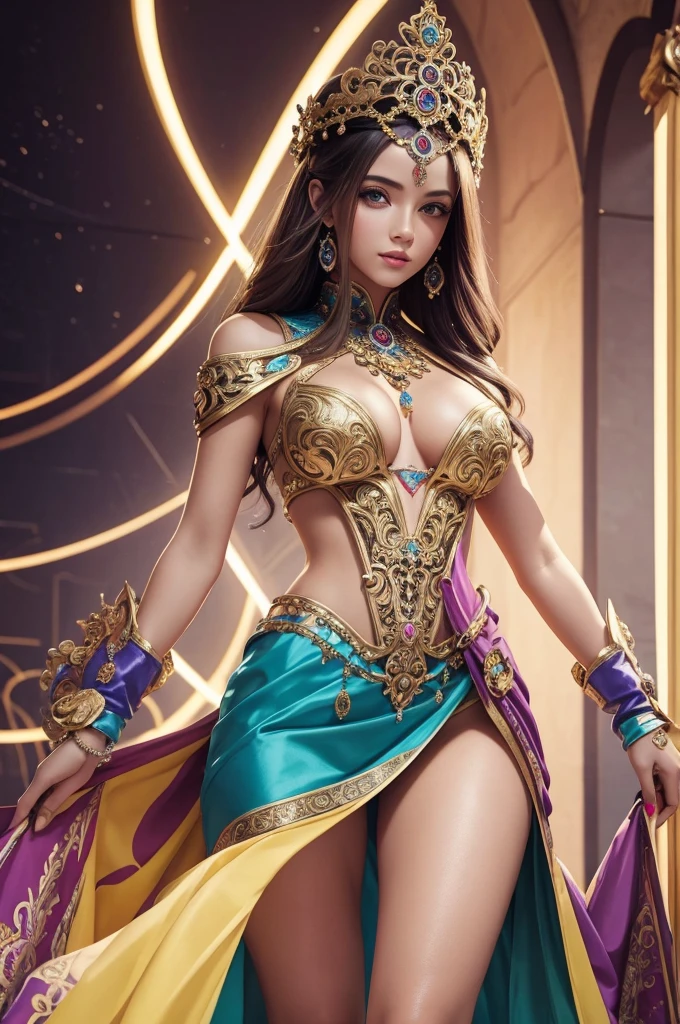 Beautiful girl in colorful futuristic clothes with baroque elements, clear details, Ideal figure, seductive pose
