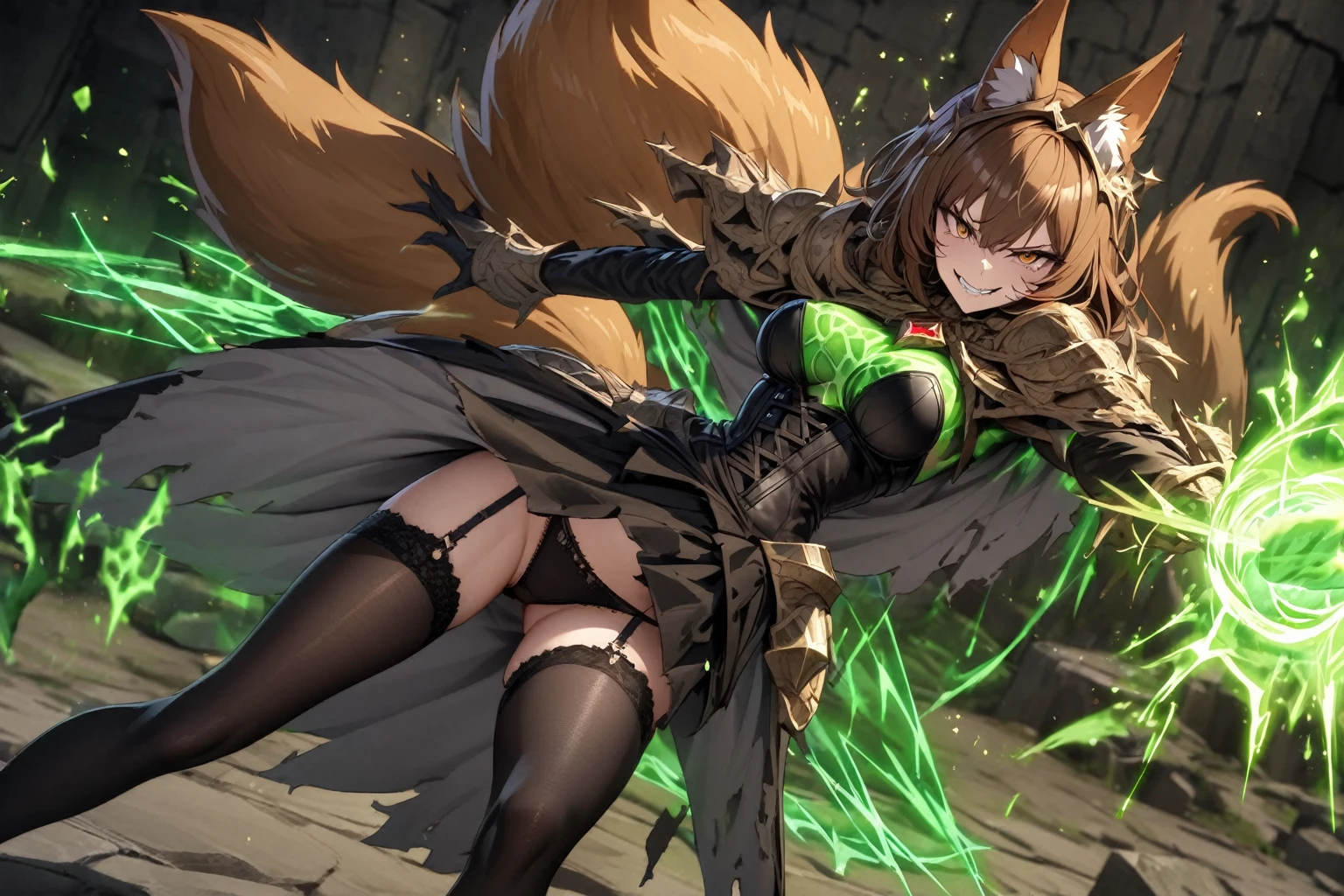 hand drawing, high detail, Kitsune sorceress as the end boss for a dungeon, using magic to attack the heroes, black leather corset, panties, stockings, garters, brown hair, brown eyes, evil smile, green magic, foxtail