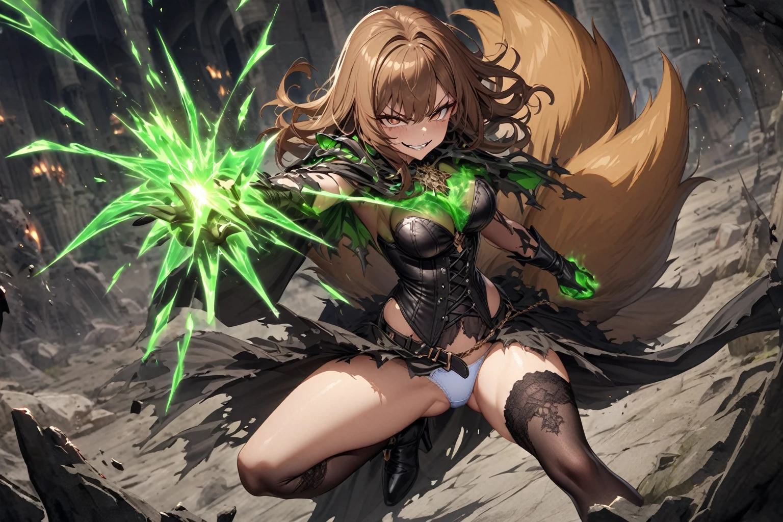 hand drawing, high detail, Kitsune sorceress as the end boss for a dungeon, using magic to attack the heroes, black leather corset, panties, stockings, garters, brown hair, brown eyes, evil smile, green magic, foxtail