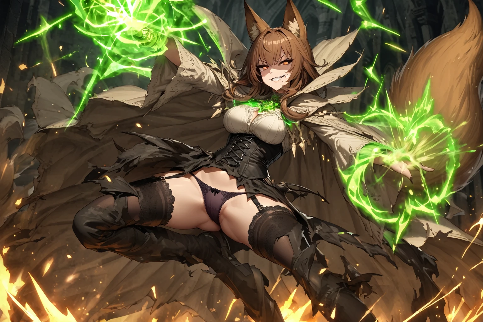 hand drawing, high detail, Kitsune sorceress as the end boss for a dungeon, using magic to attack the heroes, black leather corset, panties, stockings, garters, brown hair, brown eyes, evil smile, green magic, foxtail