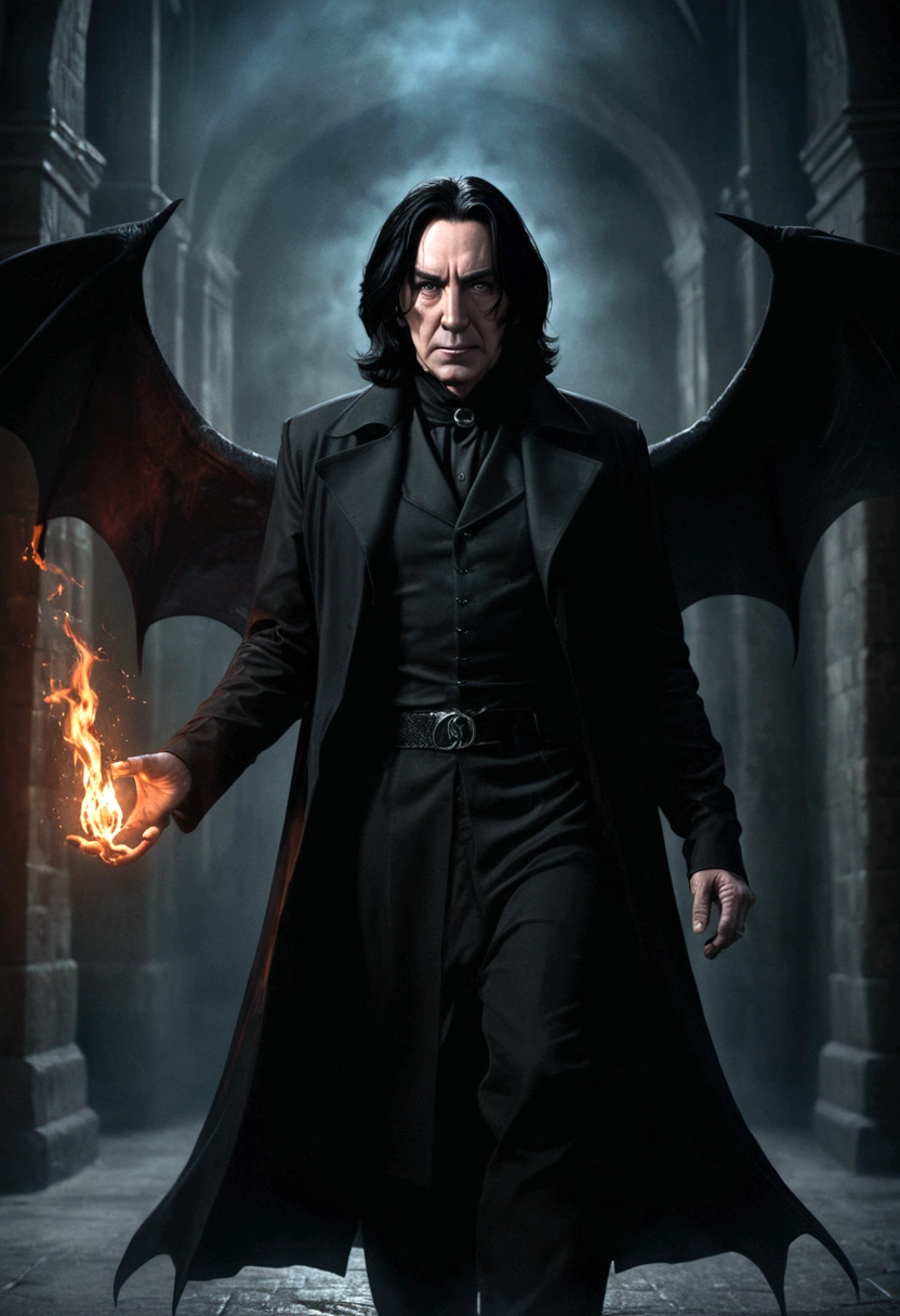 severus snape, devilman, dark fantasy art, dark wizard, evil wizard, black magic, occult, demonic, hellfire, supernatural, dramatic lighting, moody, gothic, dark colors, chiaroscuro, cinematic, highly detailed, digital painting, concept art, masterpiece