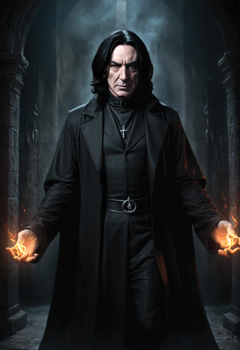 severus snape, devilman, dark fantasy art, dark wizard, evil wizard, black magic, occult, demonic, hellfire, supernatural, dramatic lighting, moody, gothic, dark colors, chiaroscuro, cinematic, highly detailed, digital painting, concept art, masterpiece