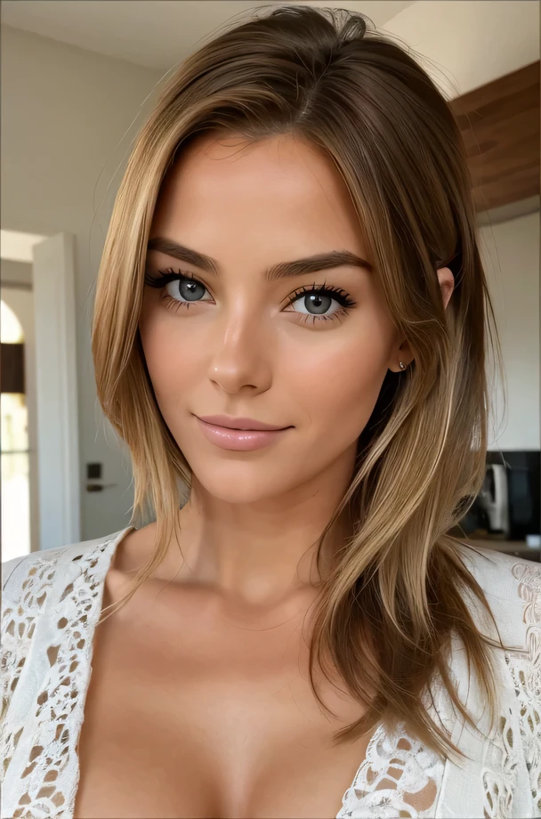photo instagram of a 30 year old girl with cheveux blond and yeux marrons, heureux, expression joyeuse, closed mouth, beau lips, Intricate details, faible profondeur de champ, very detailed, on voit tous son corps en robe, detail du corps tres texturer et detail parfait, de tres belle mains, high budget, magnifique, chef-d'artwork, prime, very detailed, detailed skin texture, (rougir: 0.5), (chair de poule: 0.5). (the most beau woman in the world) (cheveux bruns) (Short, curly hair, les cheveux sauvages, elegant coupe) visage mince, nez fin, beau, very beau, parfait face, mince body (mince), (cheveux bruns) (yeux marrons ) (peau blanche) beau corps, face ouest, Yeux predators, pink lips, thick thighs. Tout le corps, Beauté occidentale, nez fin, beau, parfait, ((Best quality)), ((ultra resolution)), ((photorealistic: 1.4)), (Intricate details), parfait face, se maquiller: 1.5 , visage clair, Facial details. vue de face ((uniforme, costume tactique, disguise of'agent, ESPIONNER))