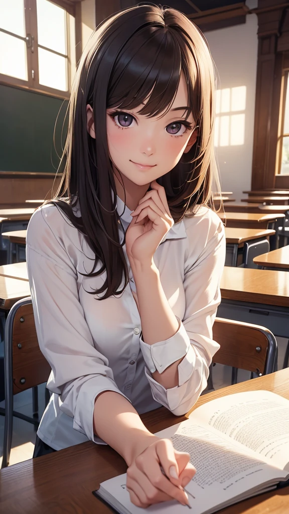 (best quality), (masterpiece), (high resolution), (Intricate details:0.2),(Professional lighting), classroom, The background is a teacher,Detailed background, Extra large white , Half-length photo, (Previous View), 1 Girl, Solitary, (Pretty Face:1.40), slim, Delicate skin, Smile,Gentle and intellectual,Good shape,White shirt,Teacher&#39;s attire,Sexy teacher, Black long hair, Teacher with glasses, (Medium beast:1.10), View in the viewer,