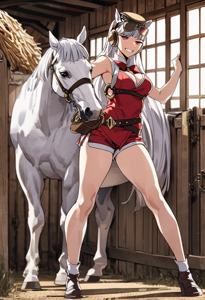 Gold Ship Women、smile、1 person、horse ear、smug face、Cleavage、Shorts、Thighs、Full body view、Leading a white horse、stable、straw