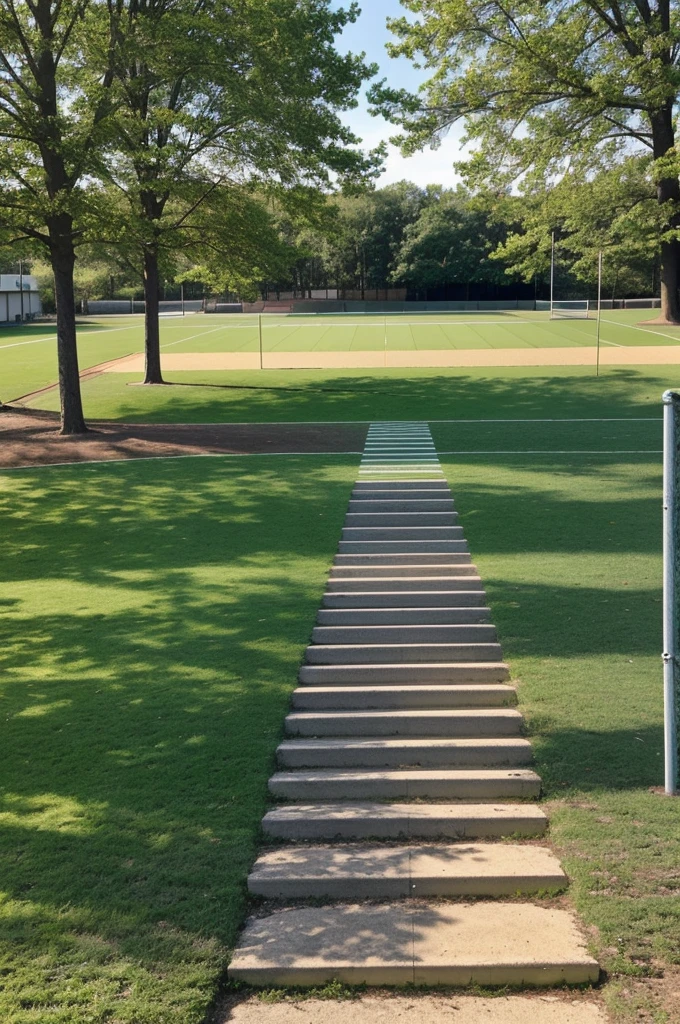 A school football field,with trees ,steps ,and droopy eyes ,spring 