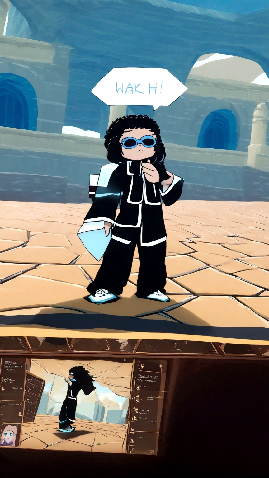 I want her to look tall and wear a black scarf and look like an anime picture, but I want her to have the same stance and height as Gojo.