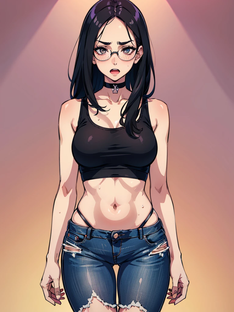 (((solo))), mature woman, High quality, highly detailed, masterpiece, RAW photo, best quality, (thin waist), ((thin hips)), black hair, ((loose hair)), (open forehead), big lips, (oval shape face), (shy), cinematic lighting, lush illumination, (thin arms), (thin legs), (huge rectangle glasses), (big brows), ((small breasts)), muted colors, (very blushed), ((simple background)), ((choker)), ((looking at camera)), (long white tanktop), (short jeans shorts), (wide open mouth), sneakers, (cross arms), (sweat), (full size view)