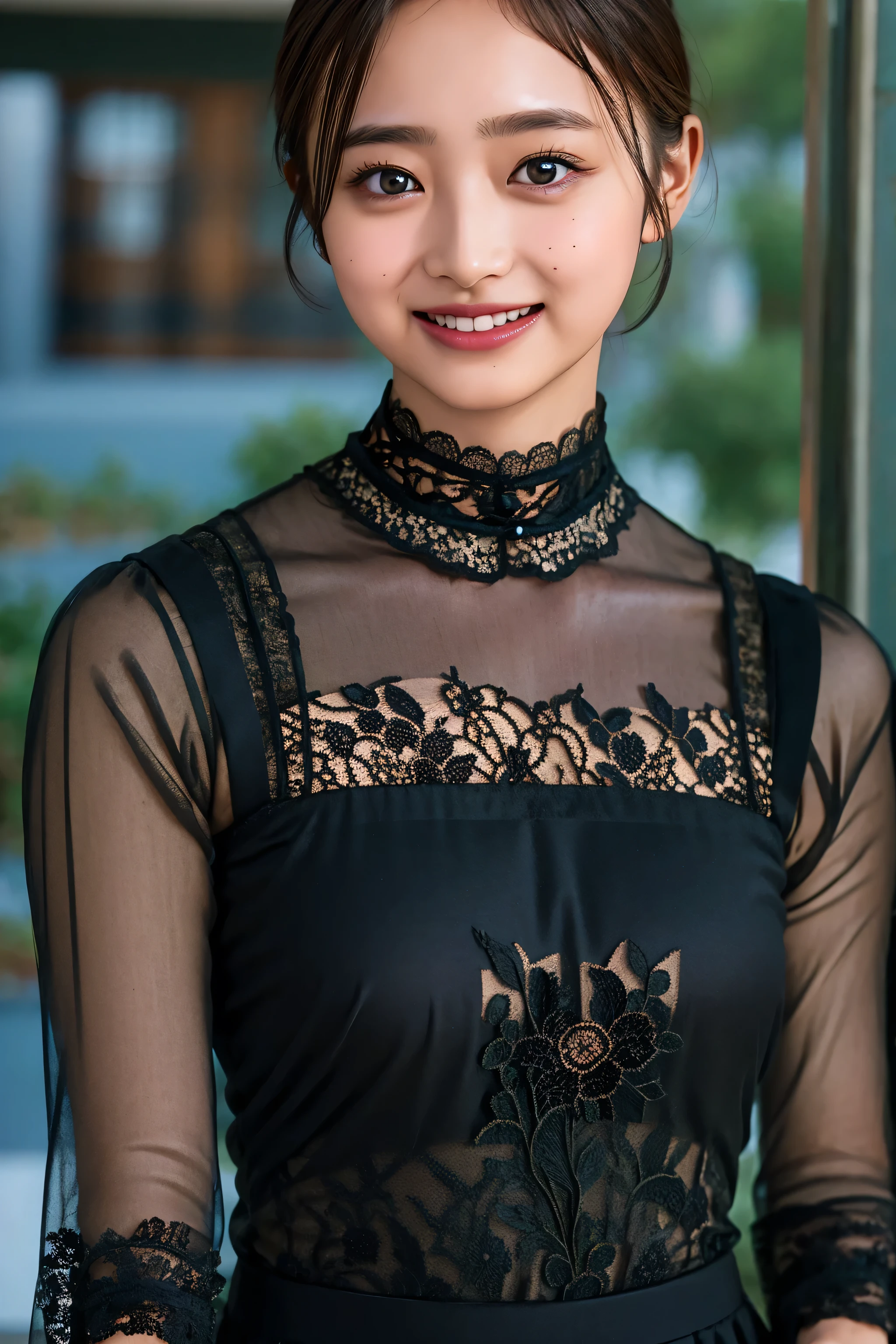 (((upper body shot))),Ultra-high resolution,big eyes,((brown eyes)),Japanese,(forehead),(a girl),(1 girl),(()),(cute),pretty,((facing at viewer)),arms behind back,grin,(((black lace clothes)))