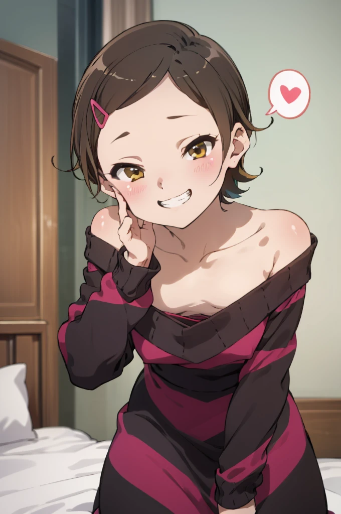 ,,(petite), 1girl, looking at viewer, , hazuki katou,,,, ,my room,,blush,(spoken heart),,flat chest,(evil smile,grin),off shoulder,nipple,sweater dress