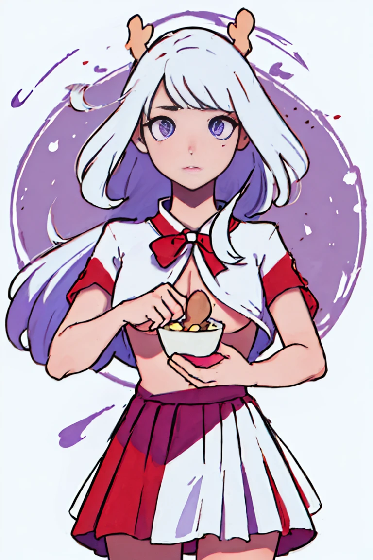 (best qualityer,4K,8K,high resolution,work of art:1.2),ultra detali,realisitic,portraite,Kizi,White hair,long hair,beautiful detailed eyes,beautiful detailed lips,White top,Red bow on neck,Short pink skirt,purples eyes,illustration style,swirly vibrant colors,warm hues,soft lighting,background full of mushrooms(big boobies)