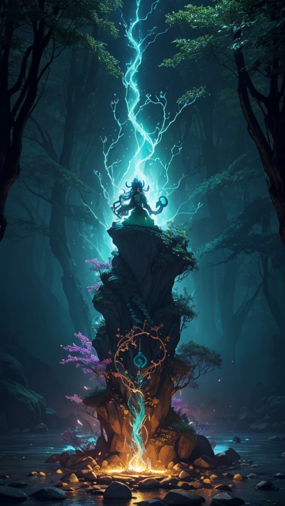 Central Symbol:A prominent illustration of the four Elemental Stones, each glowing with their respective colors (green for Earth, blue for Water, red for Fire, and white or yellow for Air). Arrange them in a circular pattern to signify their unity and balance.
Background:A mystical, enchanted forest or a magical landscape, perhaps with a castle or ancient ruins in the distance. This sets the fantasy tone and provides a sense of adventure.
Characters:Silhouettes or semi-transparent images of the four Guardians, each showcasing their elemental abilities (e.g., Elara with wind swirling around her, Kael with a rocky aura, Liora surrounded by flames, and Nerin with water currents).
Subtle Details:Add smaller, intricate details like vines, ancient symbols, or faint magical glows to enhance the mystical feel.
Color Scheme:Use a rich, vibrant color scheme with deep blues, greens, and purples for the background, contrasted with the bright, elemental colors of the stones
Lighting:Incorporate dynamic lighting effects to make the Elemental Stones and the Guardians stand out, giving the cover a magical and otherworldly glow.
