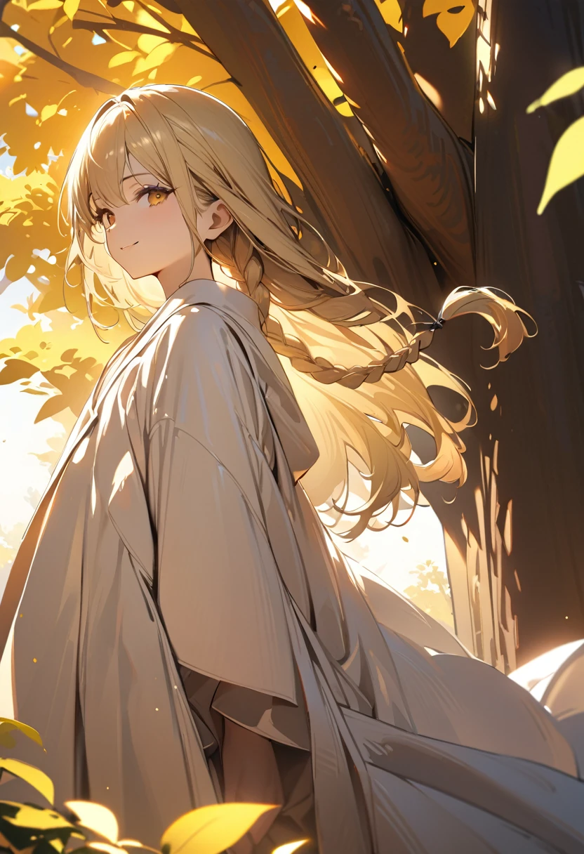 1boy, long overflowing blonde hair loosely braided, golden eyes, subtle holy glow, looking at viewer, smiling, white robes, flat chest, girly boy, gigantic tree with golden leaves background, textured skin, award winning, high details, incredible high-key lighting and shadows, masterpiece, UHD, UHD, UHD, UHD