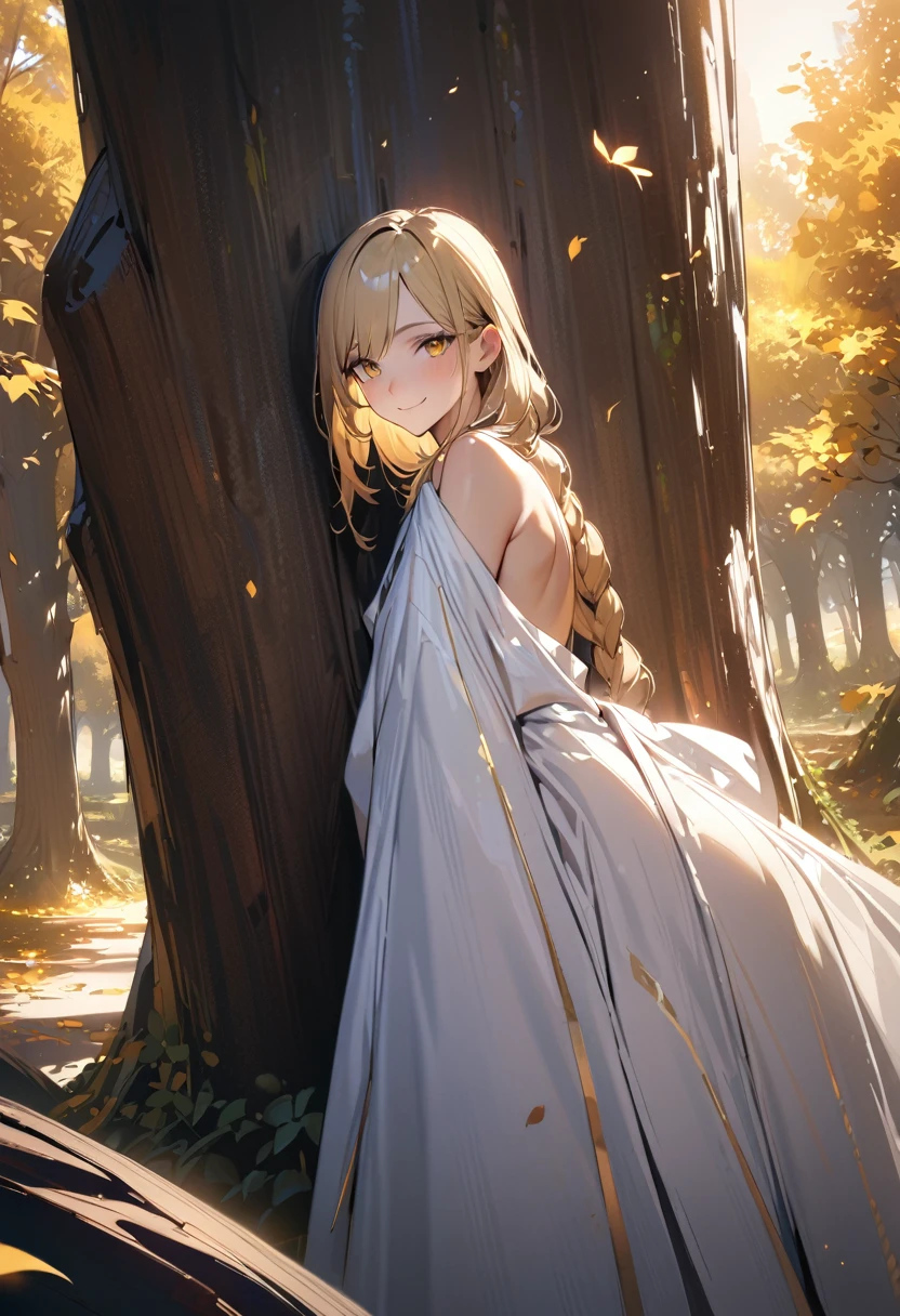 1boy, long overflowing blonde hair loosely braided, golden eyes, subtle holy glow, looking at viewer, smiling, white robes, flat chest, girly boy, gigantic tree with golden leaves background, textured skin, award winning, high details, incredible high-key lighting and shadows, masterpiece, UHD, UHD, UHD, UHD