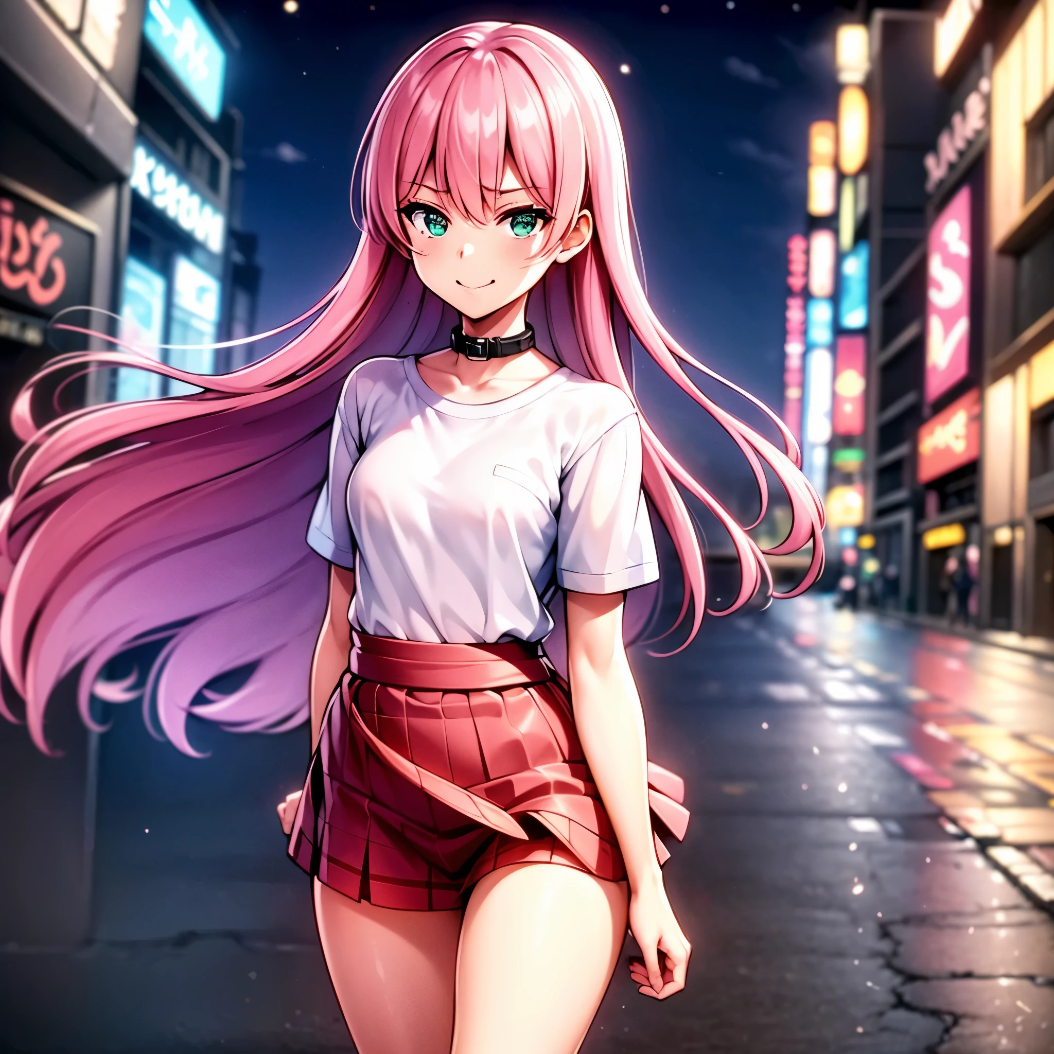 ​masterpiece, top-quality, 1girl, A pink-haired,verd s eyes, length hair,(tiny chest),Standing at street, (Collar T-shirt), Underwear straps, Pink skirt, front-facing view, is standing,City Night, neon light, Background Streets of Tokyo, taxis, date, full of shyness, Hats, hands behind back,smile,Face directly ahead,whole body,1人