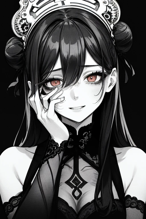Top quality, (background details), beautiful line drawing, monochrome drawing, black and white drawing, high contrast, very beautiful woman, detailed original illustration, Chinese style, Chinese clothes, red under eye color, hair in a bun, black hair, horrible atmosphere, double teeth, evil smile, mocking face, crazy eyes, sensual, delicate face, black and white drawing, high contrast Delicate face, Charm, Small, Bad girl, Sexy, Small breasts, Small height, Real breasts, Head close-up, Black background, (Black background: 1. 5)