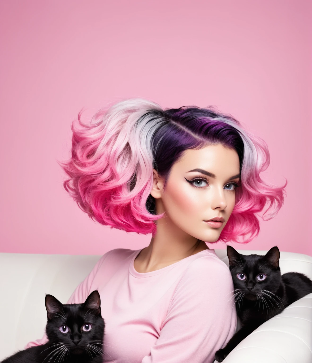 araffed woman with cabelo rosa and a black cat on a couch, short cabelo rosa, cabelo rosa, cute girl with short cabelo rosa, with cabelo rosa, cabelo curto rosa, cabelo liso rosa, cabelo rosado e ralo, light cabelo rosa, flowing cabelo rosa, cabelo pastel, bubblegum hair, light cabelo rosa with pink flames, cabelo colorido, Cabelo tingido (mesmo rosto)