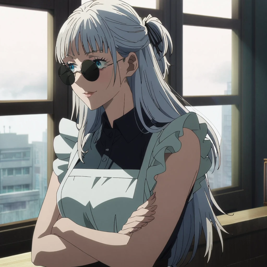 1girl, female gojo satoru, anime screencap from jujutsu kaisen, gojo satoru female version, solo, long_hair, blue eyes, white_hair, window, breasts, upper_body, smile, indoors, book, bangs, blue_eyes, lips, (wearing round sunglasses) , ((her hairstyle : The character in the image has long, "wavy white hair" with bangs.The hair falls freely over her shoulders and down her back)) wearing black colour collared maid outfit, breast, "very detailed and high resolution" (blue eyes) ((cross arms)) 